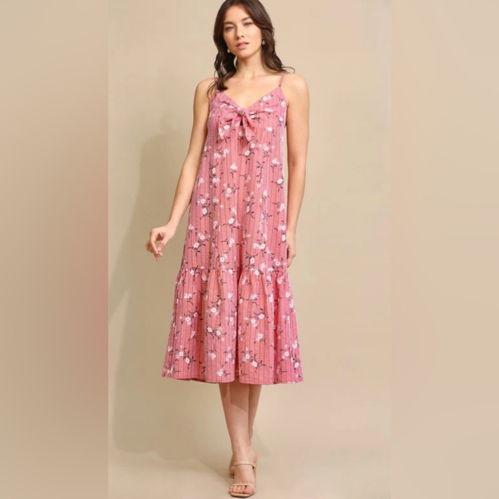Gigio USA Red Gingham and Floral Knotted Detail Cami‎ Dress Women’s Medium